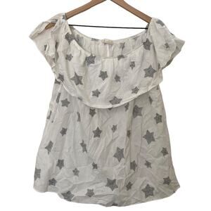 143 Story by Line Up Women's Star Embroidered White Ruffle Blouse Size Small